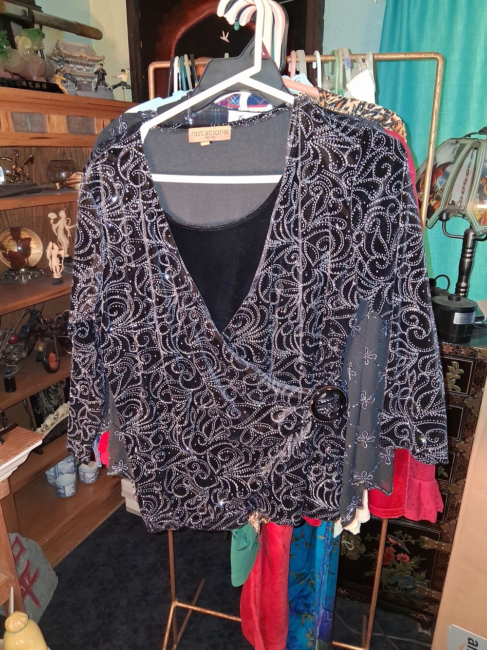 Notations Women's Black Velvet Wrap Top with Silver Bead Swirl Detail